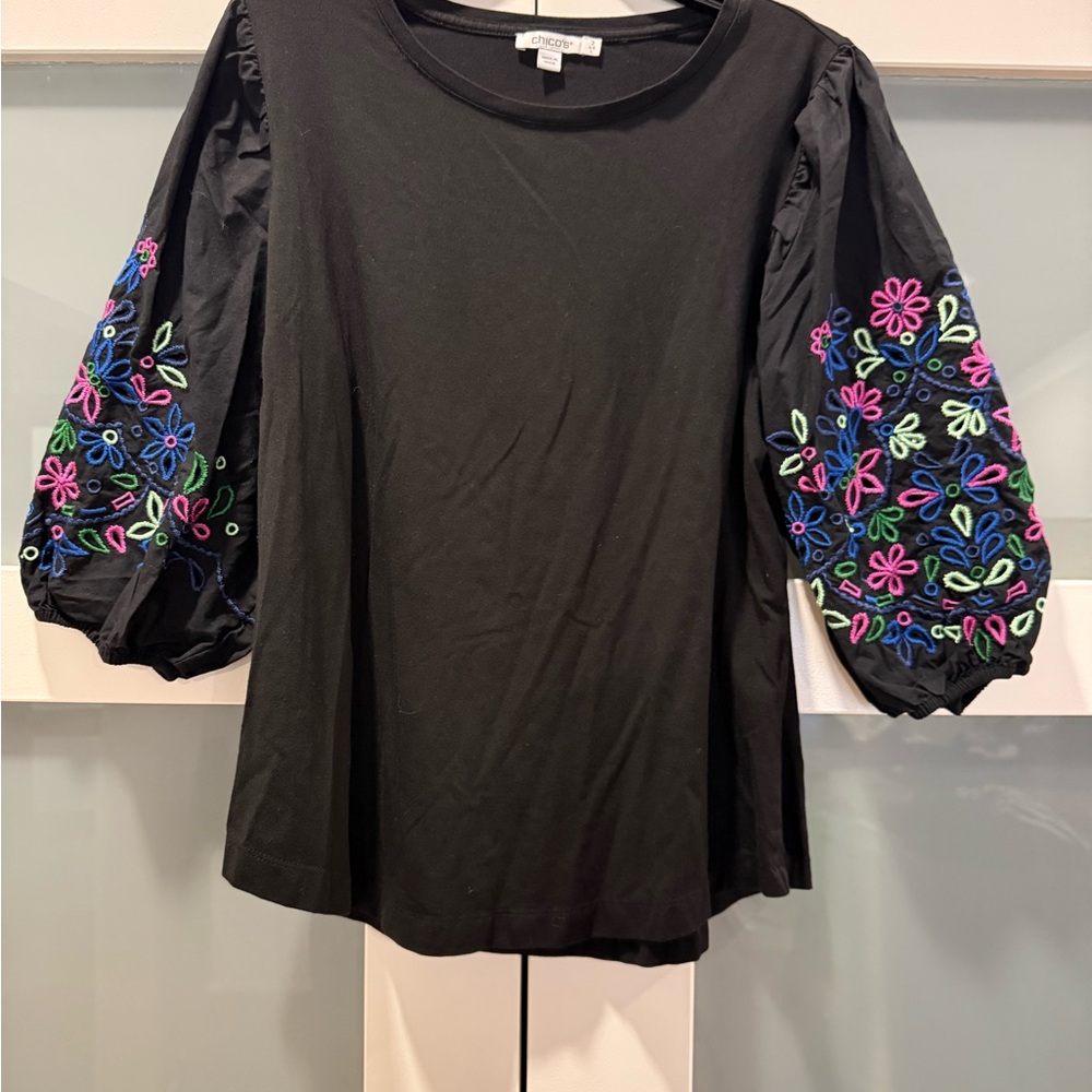 Chico's Black Top with Colorful Embroidered Puff Sleeves